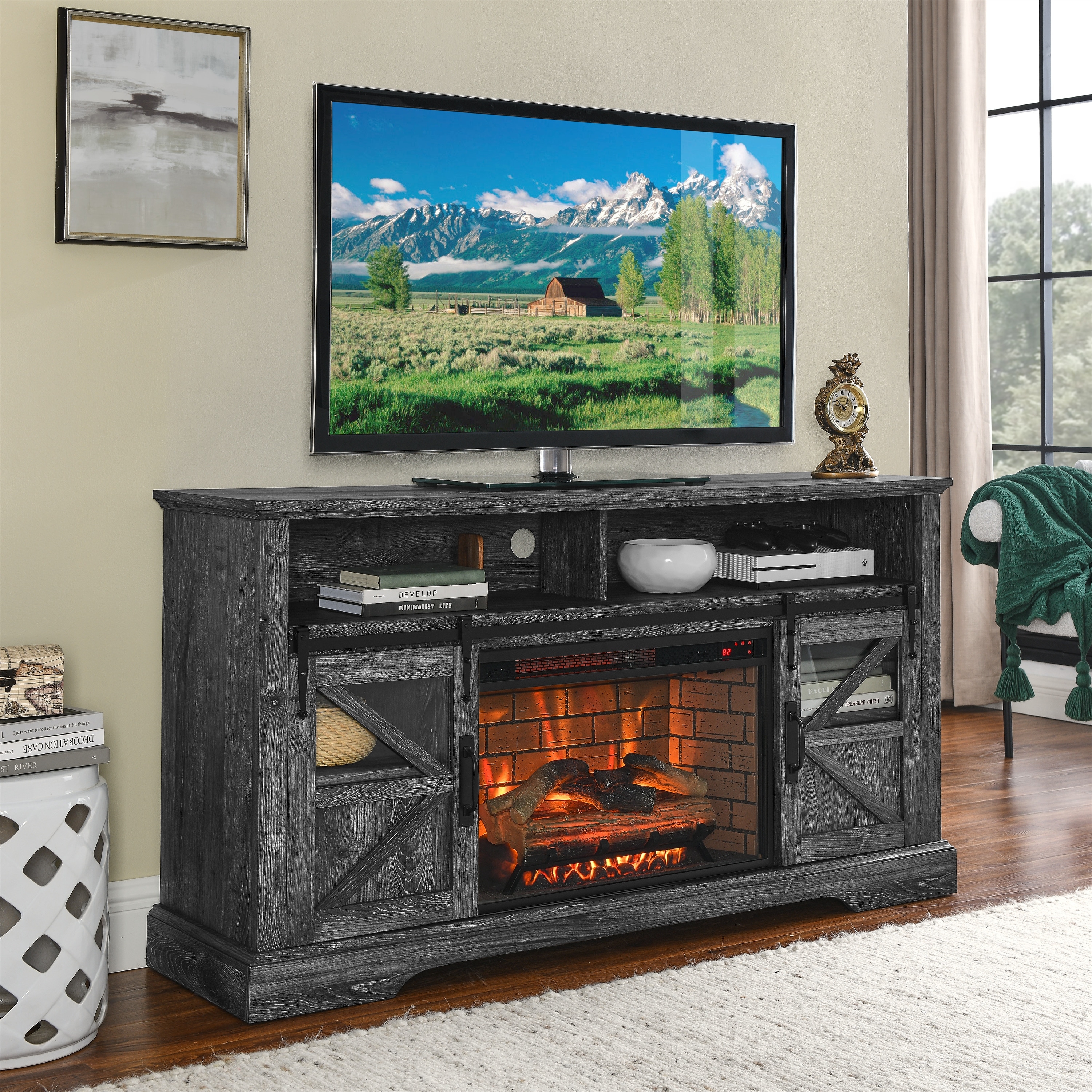 60" Electric Fireplace TV Stand Entertainment Center with Door Sensor ...